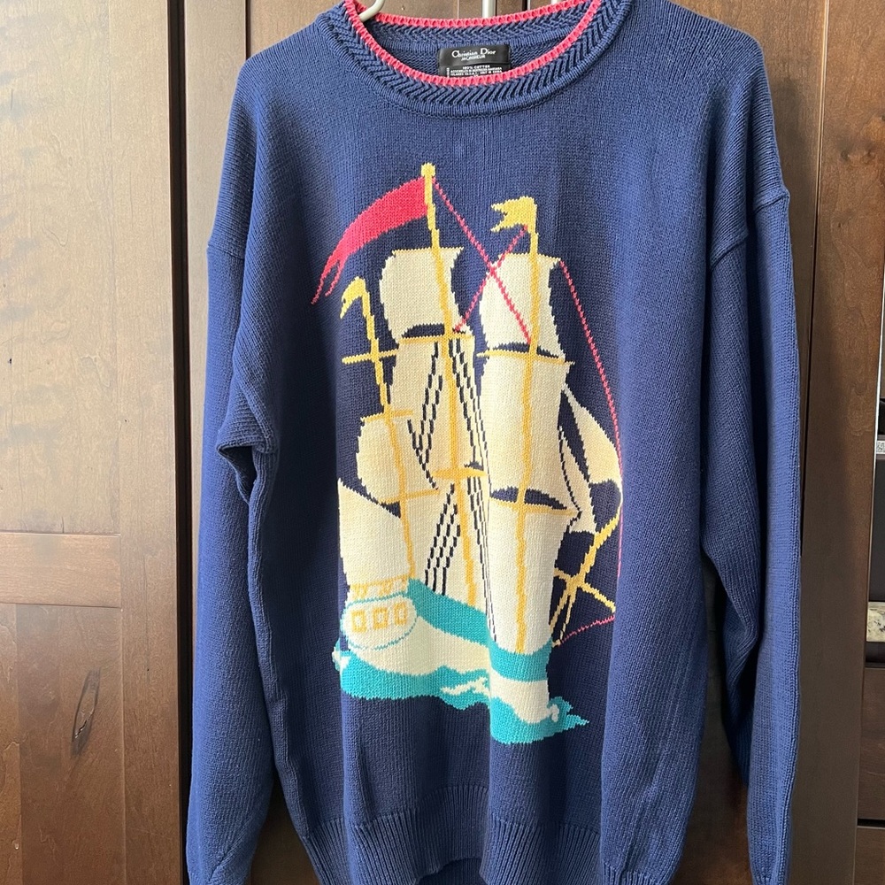 💕Host Pick💕 Christian Dior Vintage Nautical Sailing Ship 100% Cotton Sweater XL